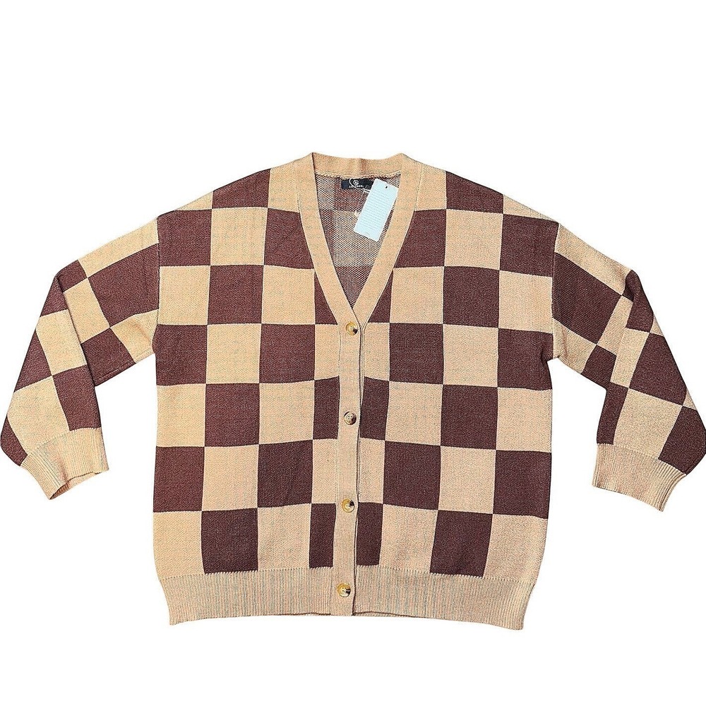 Lillusory Brown Tan Checkered Cardigan Sweater Oversized V-Neck XL LS088-A06 NEW